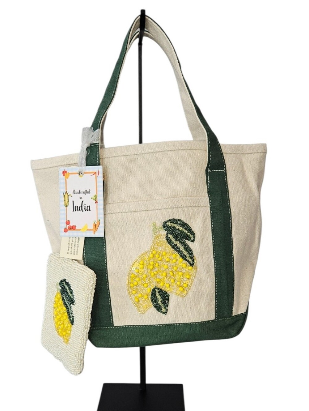 🍋 Viral Beaded Lemon Mini Canvas Tote + Coin Purse | NWT | Handcrafted In India